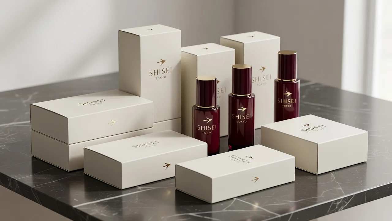 白とバーガンディの化粧品パッケージ一式を並べたMIZUKA COSMETICSのモックアップ